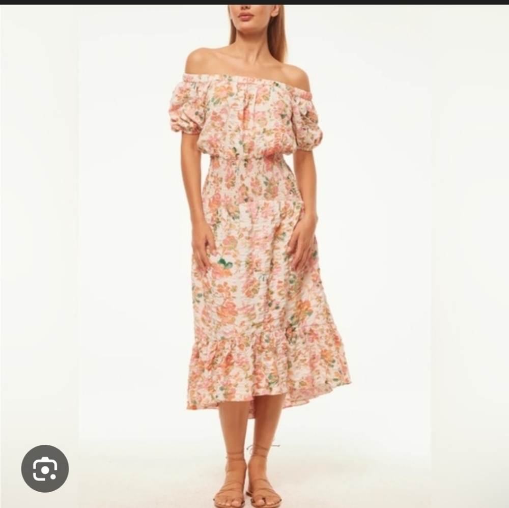 Misa Los Angeles Off-Shoulder Floral Midi Dress in Pink and Green